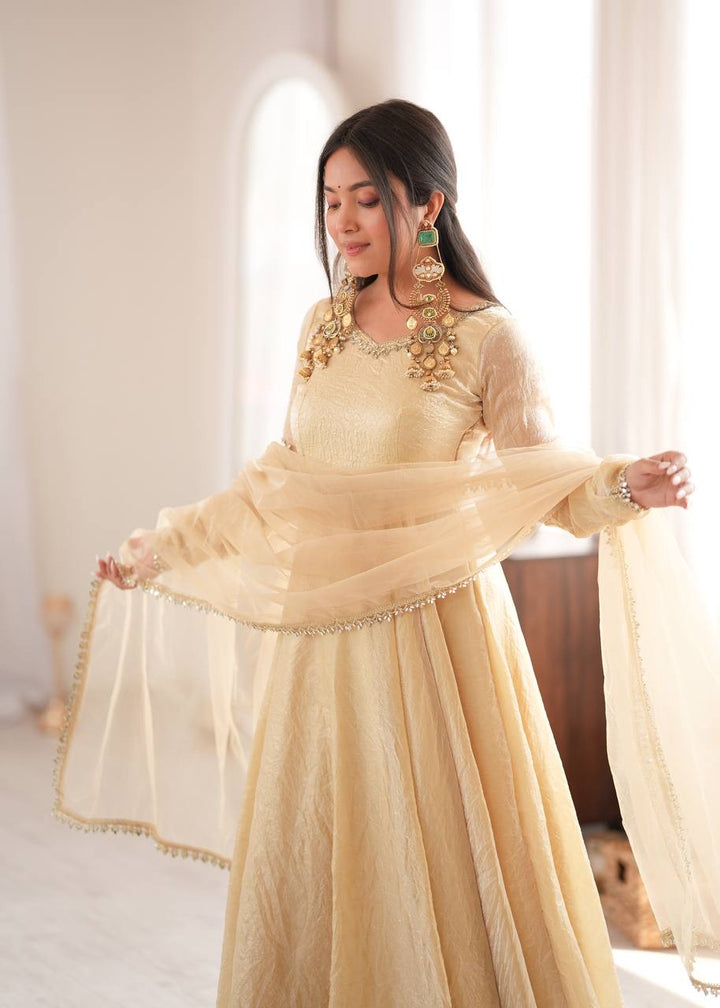 Elegant Cream Gold Anarkali Suit Set with Lace-Trimmed Dupatta