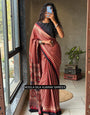 Red & Beige Modal Silk Ajrakh Printed Saree with Striped Design, Heritage Pallu & Tassel Detailing