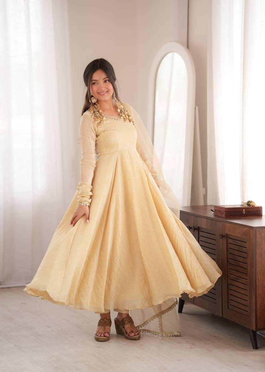 Elegant Cream Gold Anarkali Suit Set with Lace-Trimmed Dupatta