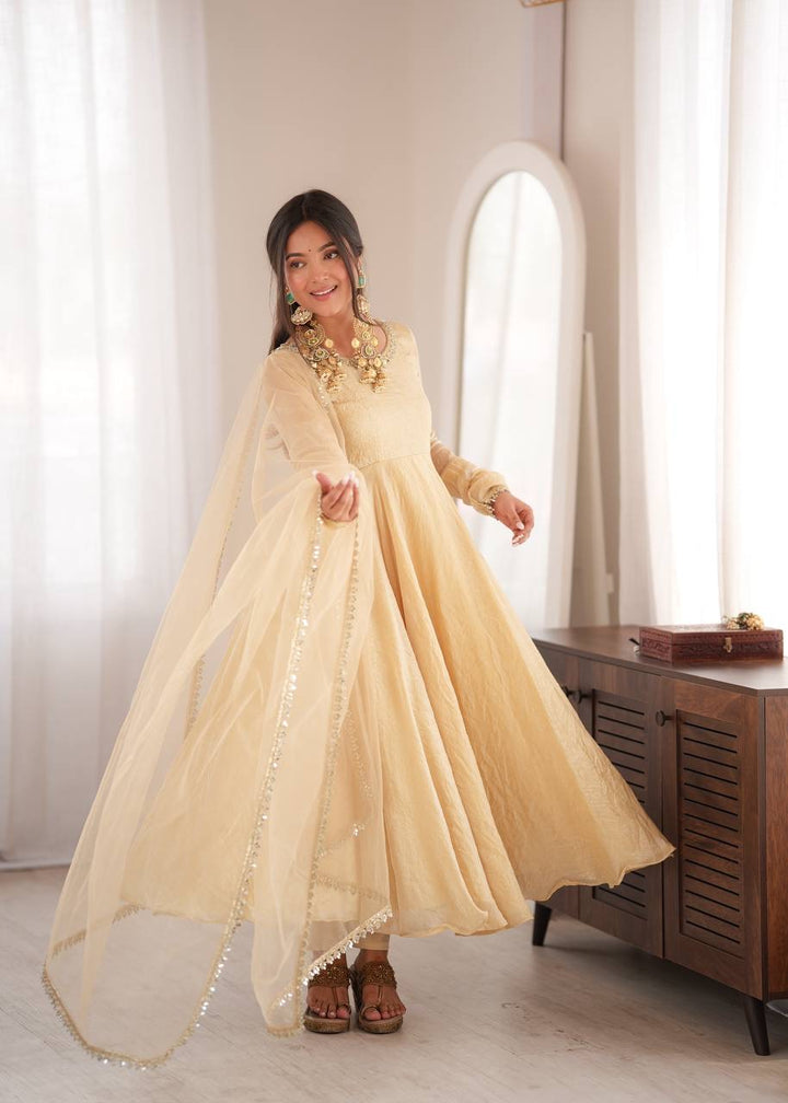 Elegant Cream Gold Anarkali Suit Set with Lace-Trimmed Dupatta