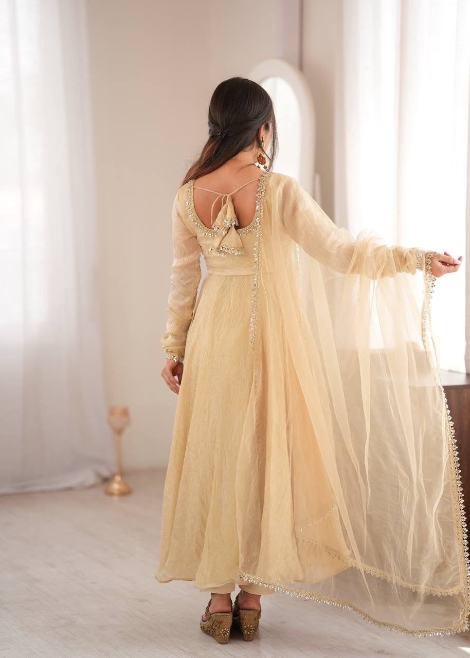 Elegant Cream Gold Anarkali Suit Set with Lace-Trimmed Dupatta