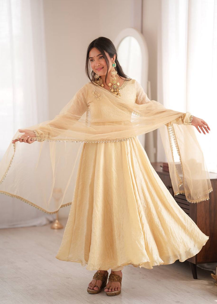 Elegant Cream Gold Anarkali Suit Set with Lace-Trimmed Dupatta