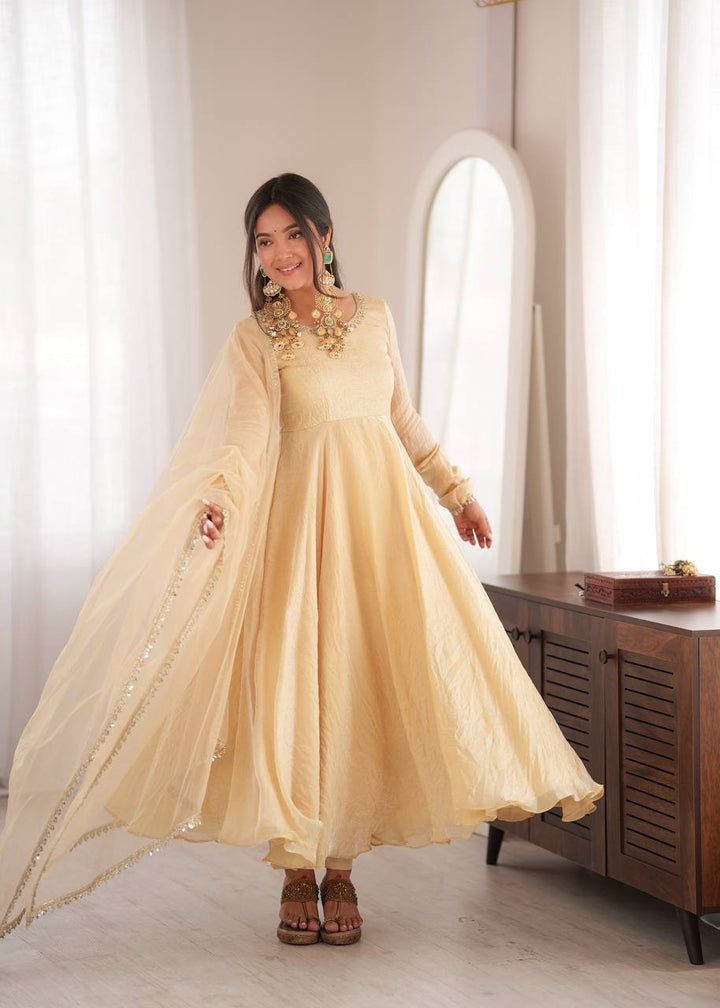 Elegant Cream Gold Anarkali Suit Set with Lace-Trimmed Dupatta