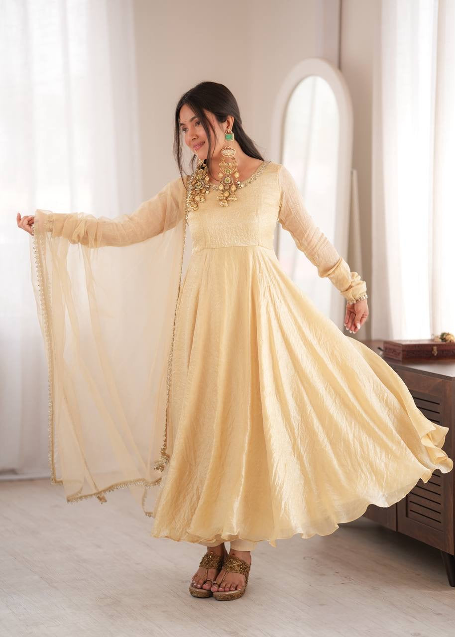 Elegant Cream Gold Anarkali Suit Set with Lace-Trimmed Dupatta