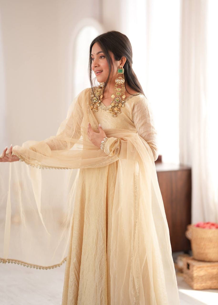 Elegant Cream Gold Anarkali Suit Set with Lace-Trimmed Dupatta