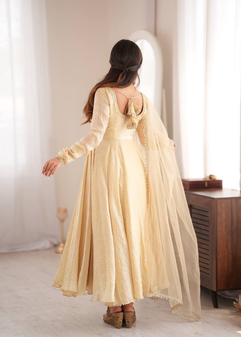 Elegant Cream Gold Anarkali Suit Set with Lace-Trimmed Dupatta