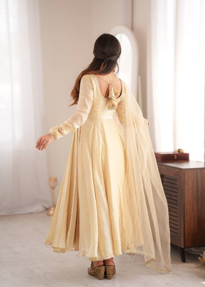Elegant Cream Gold Anarkali Suit Set with Lace-Trimmed Dupatta