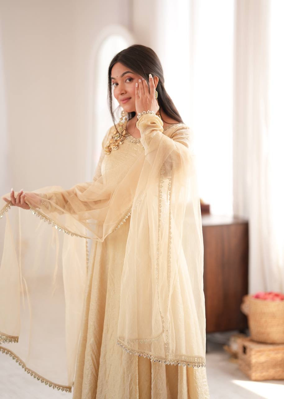 Elegant Cream Gold Anarkali Suit Set with Lace-Trimmed Dupatta