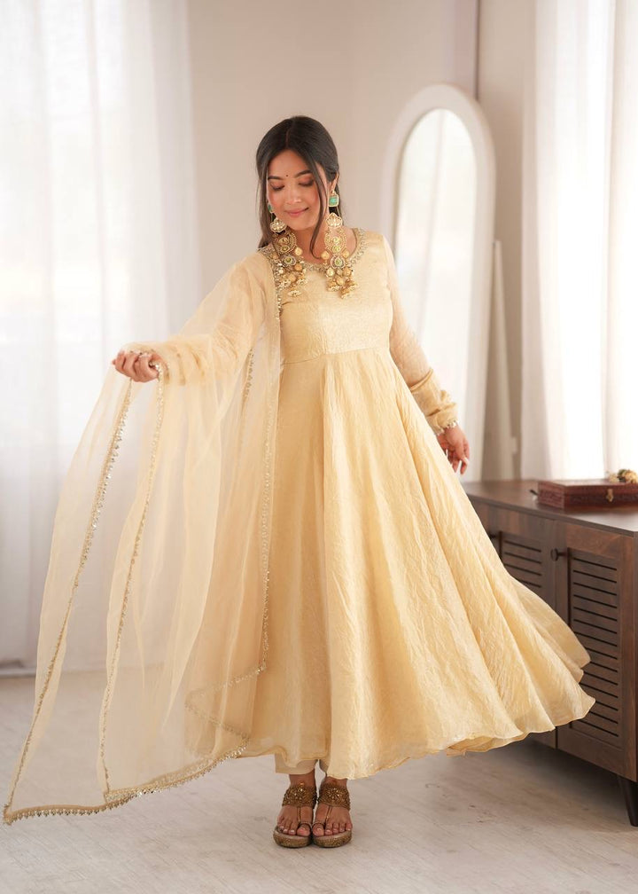 Elegant Cream Gold Anarkali Suit Set with Lace-Trimmed Dupatta