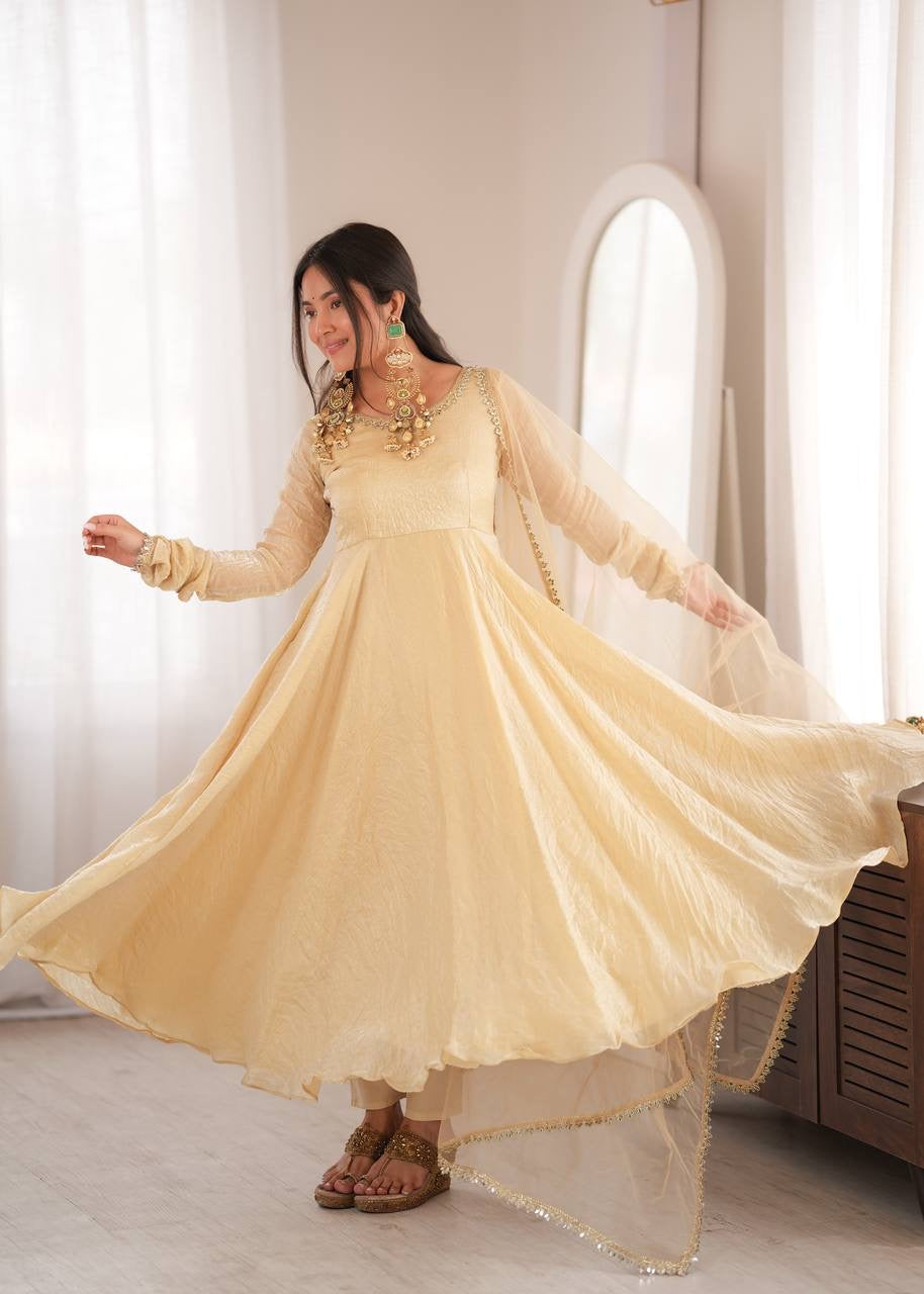 Elegant Cream Gold Anarkali Suit Set with Lace-Trimmed Dupatta