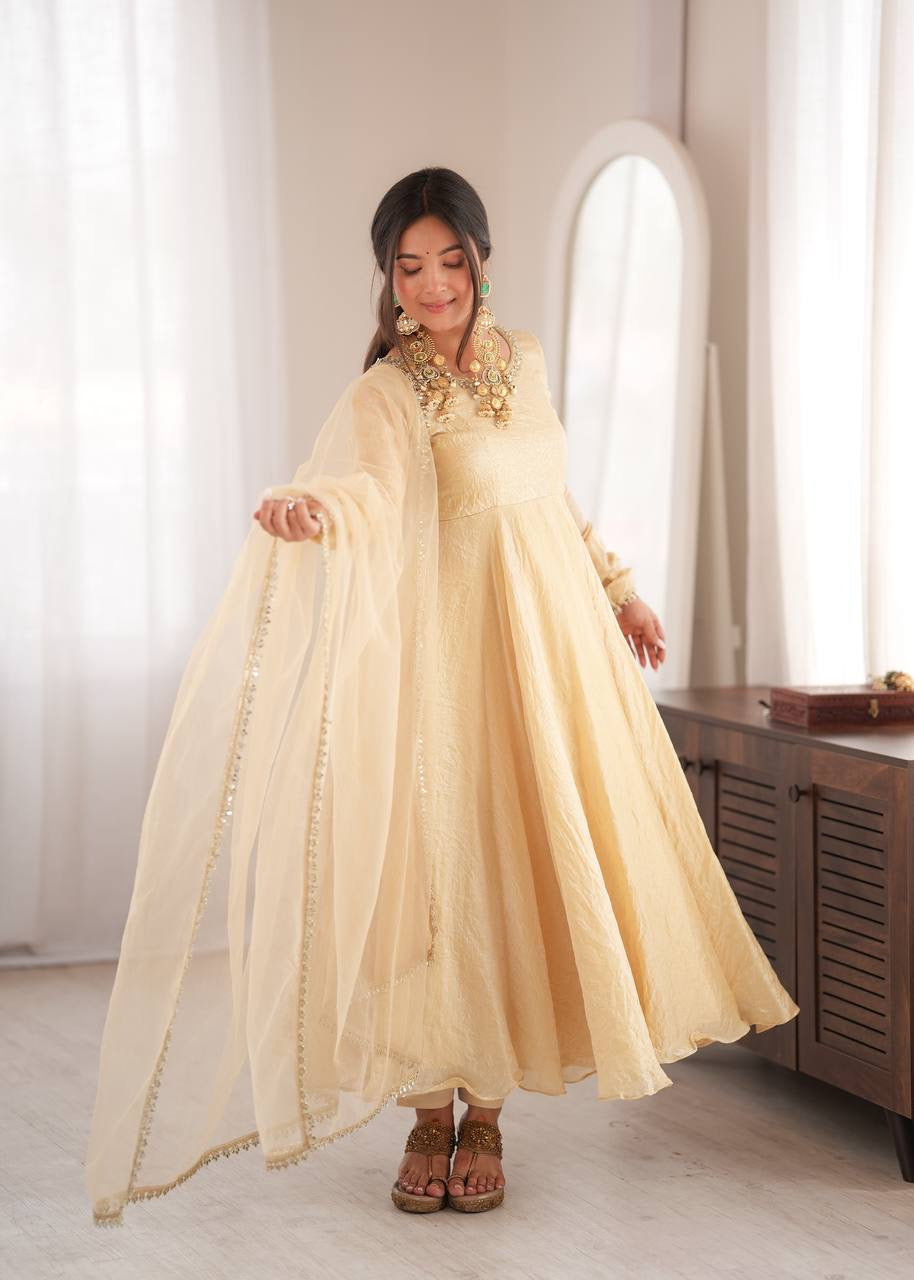 Elegant Cream Gold Anarkali Suit Set with Lace-Trimmed Dupatta