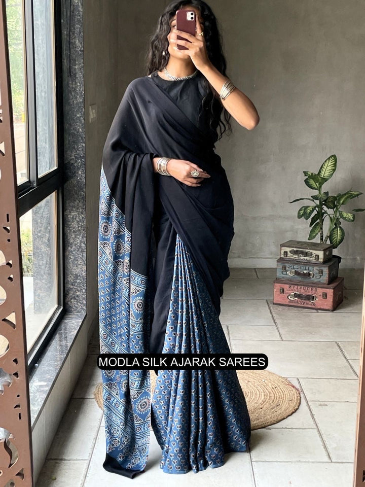 Black & Indigo Blue Modal Silk Ajrakh Saree with Heritage Printed Pallu, Traditional Motifs & Tassel Detailing