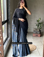 Black & Indigo Blue Modal Silk Ajrakh Saree with Heritage Printed Pallu, Traditional Motifs & Tassel Detailing
