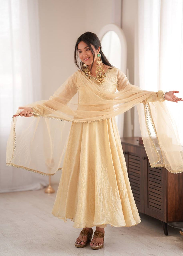 Elegant Cream Gold Anarkali Suit Set with Lace-Trimmed Dupatta