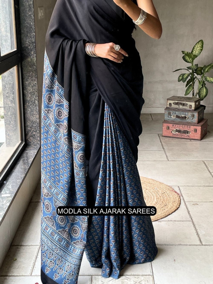 Black & Indigo Blue Modal Silk Ajrakh Saree with Heritage Printed Pallu, Traditional Motifs & Tassel Detailing
