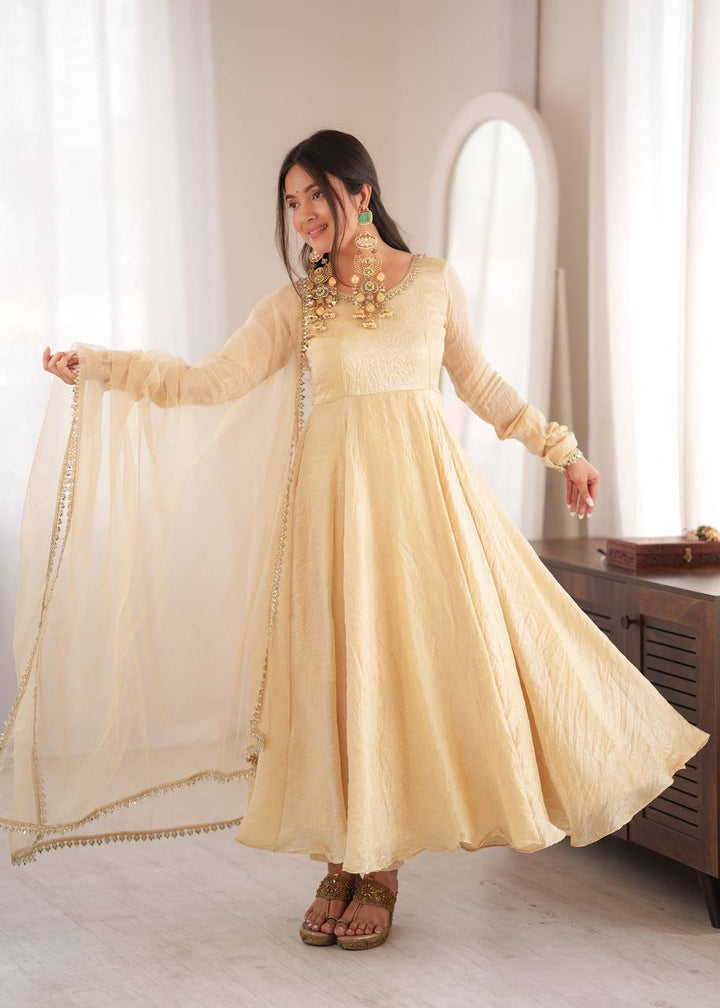 Elegant Cream Gold Anarkali Suit Set with Lace-Trimmed Dupatta