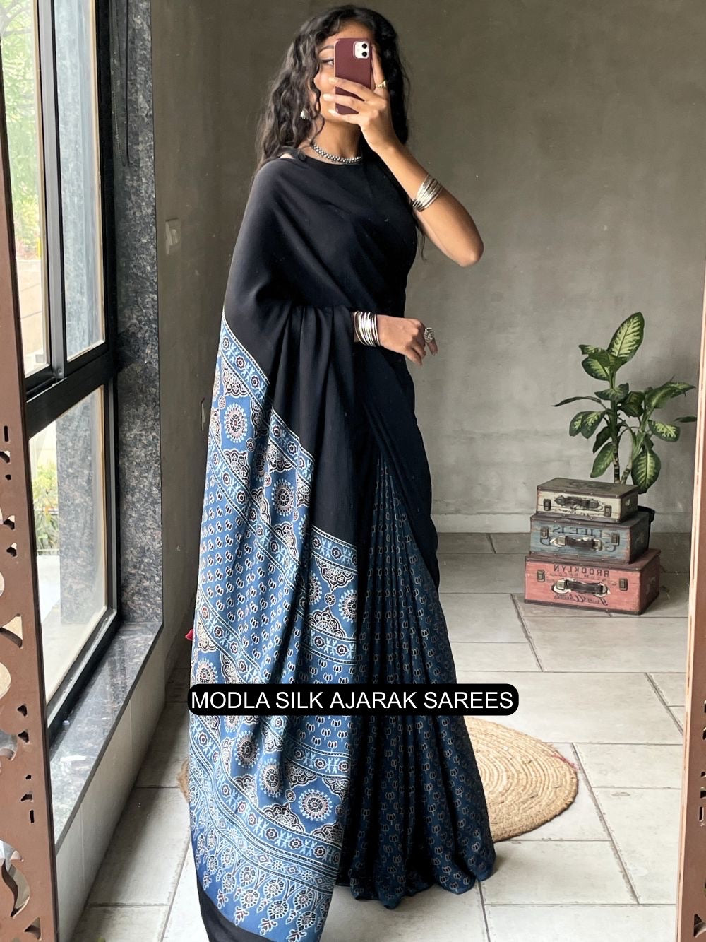 Black & Indigo Blue Modal Silk Ajrakh Saree with Heritage Printed Pallu, Traditional Motifs & Tassel Detailing