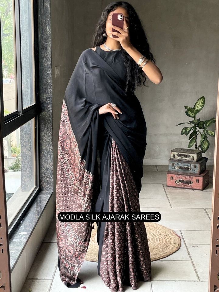 Black Modal Silk Ajrakh Printed Saree with Traditional Heritage Pallu, Intricate Ethnic Motifs & Tassel Detailing