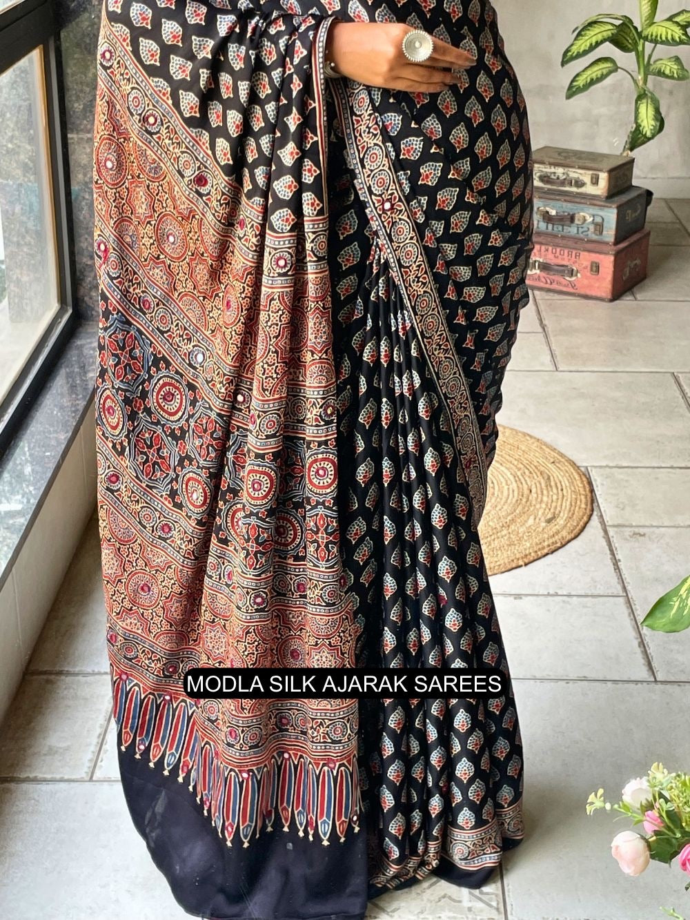 Black Modal Silk Ajrakh Printed Saree with Traditional Buta Motifs, Heritage Artistic Pallu & Intricate Ethnic Border