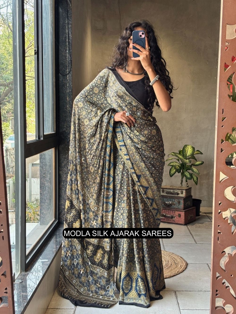 Black Modal Silk Ajrakh Printed Saree with Heritage Geometric Motifs, Traditional Border & Artistic Ethnic Pallu