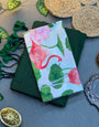 Handwoven Bottle Green Khadi Cotton Saree with White Flamingo & Lotus Digital Print Blouse