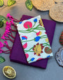 Handwoven Deep Purple Khadi Cotton Saree with White Multicolor Lotus Digital Print Blouse