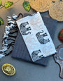 Handwoven Charcoal Grey Khadi Cotton Saree with Black & White Tassels and Elephant Motif Digital Print Blouse