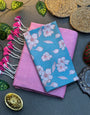 Handwoven Baby Pink Khadi Saree with Designer Sky Blue Digital Printed Floral Blouse