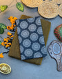 Handwoven Olive Green Khadi Cotton Saree with Navy Blue Mandala Digital Print Blouse