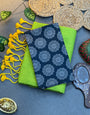 Handwoven Parrot Green Khadi Saree Paired with Black Mandala Pattern Digital Printed Blouse