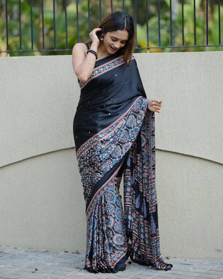 Black Ajrakh Printed Modal Silk Saree with Designer Pallu & Attached Blouse | Traditional Ethnic, Festive & Office Wear Saree