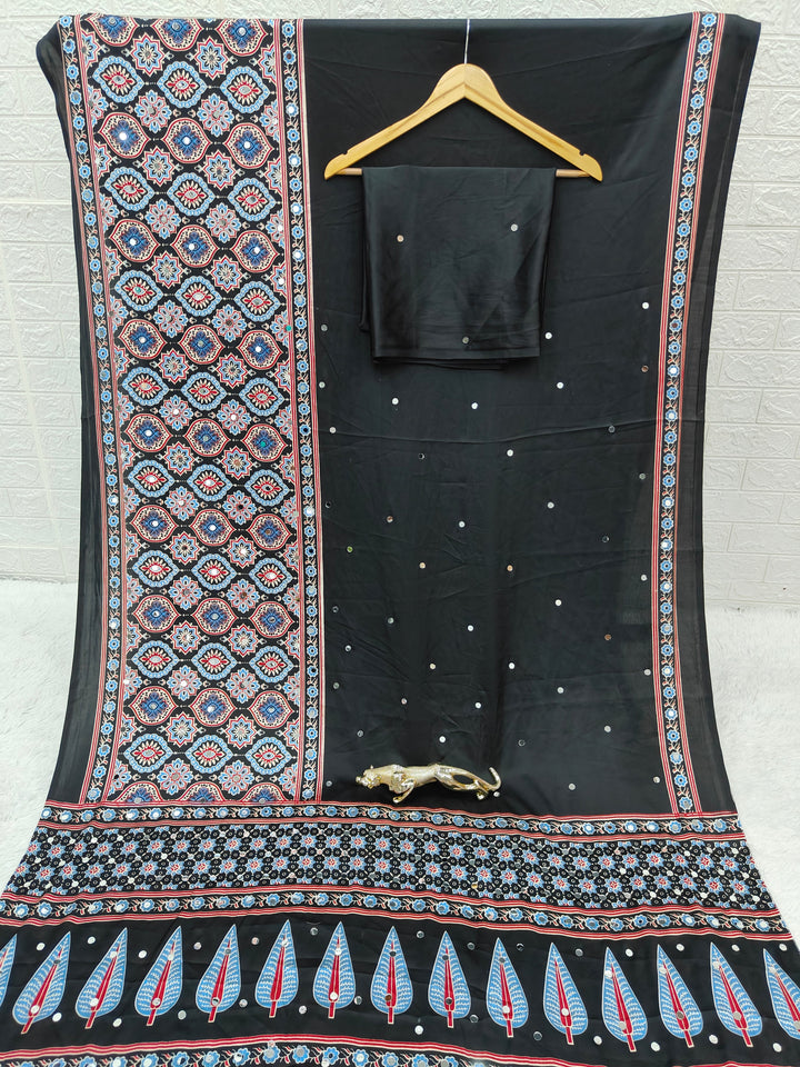 Black Ajrakh Printed Modal Silk Saree with Designer Pallu & Attached Blouse | Traditional Ethnic, Festive & Office Wear Saree