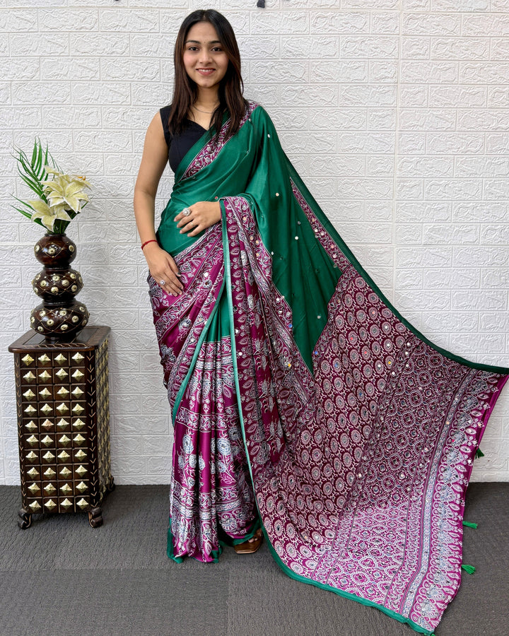 Emerald Green Ajrakh Printed Modal Silk Saree with Designer Pallu & Tassels | Traditional Ethnic, Festive & Office Wear Saree