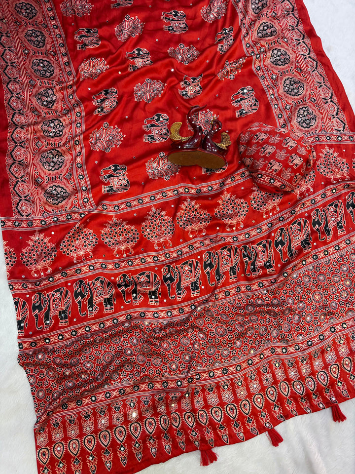 Rust Red Modal Silk Saree with Elephant Motif Ajrakh Print & Designer Pallu | Traditional Ethnic Festive Wear Saree