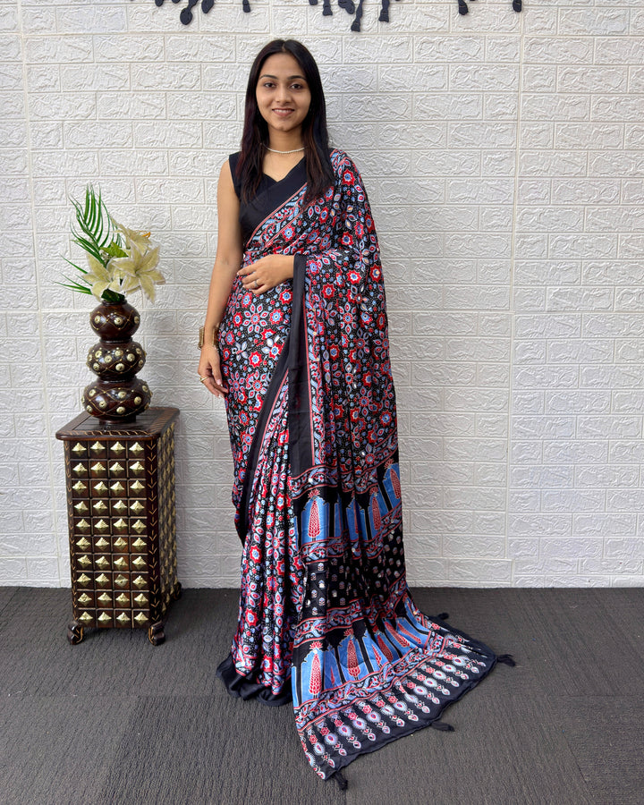 Black Modal Silk Saree with Geometric Floral Print & Heritage Designer Pallu | Festive & Party Wear Saree