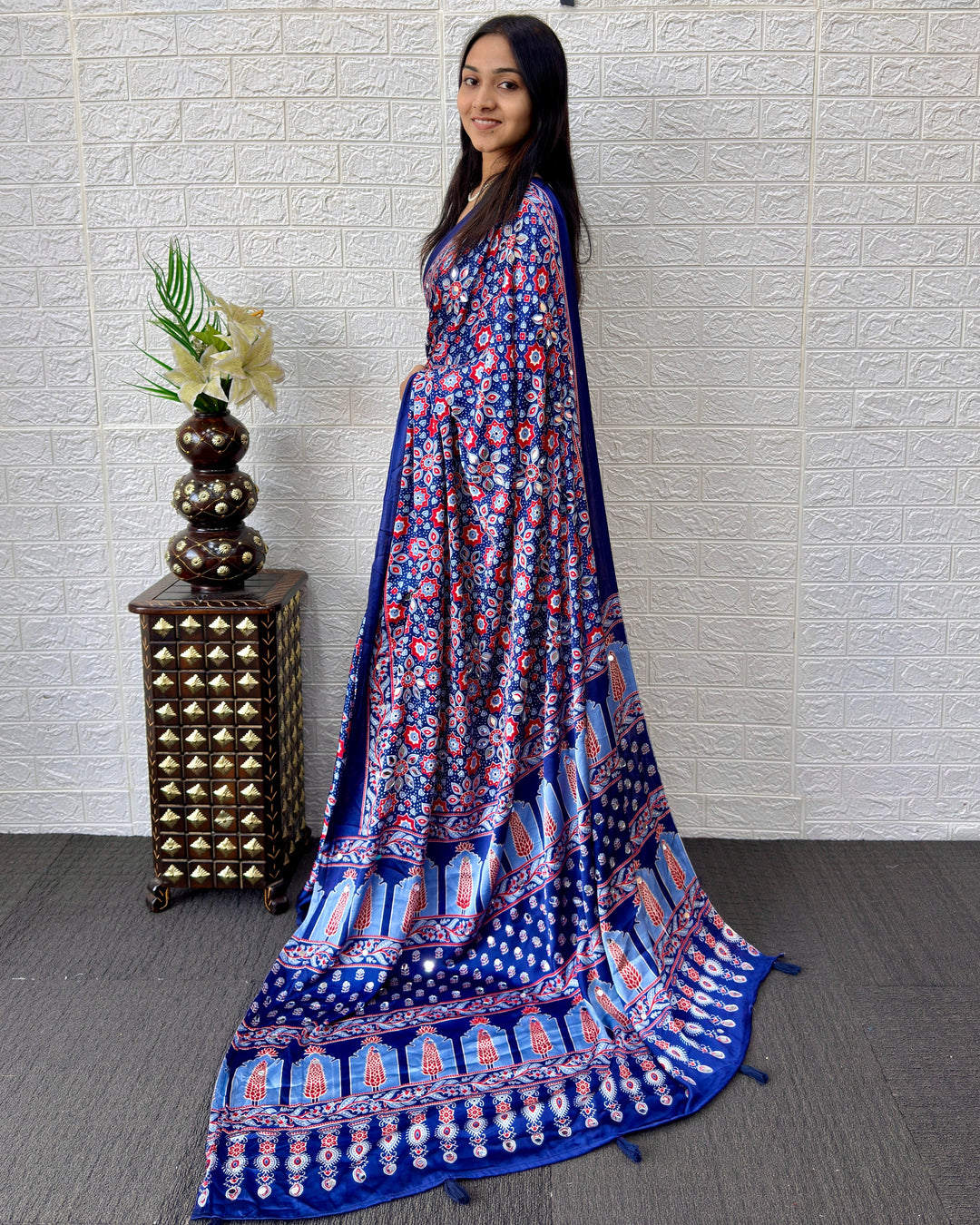 Royal Blue Modal Silk Saree with Geometric Floral Print & Heritage Designer Pallu | Festive & Party Wear Saree