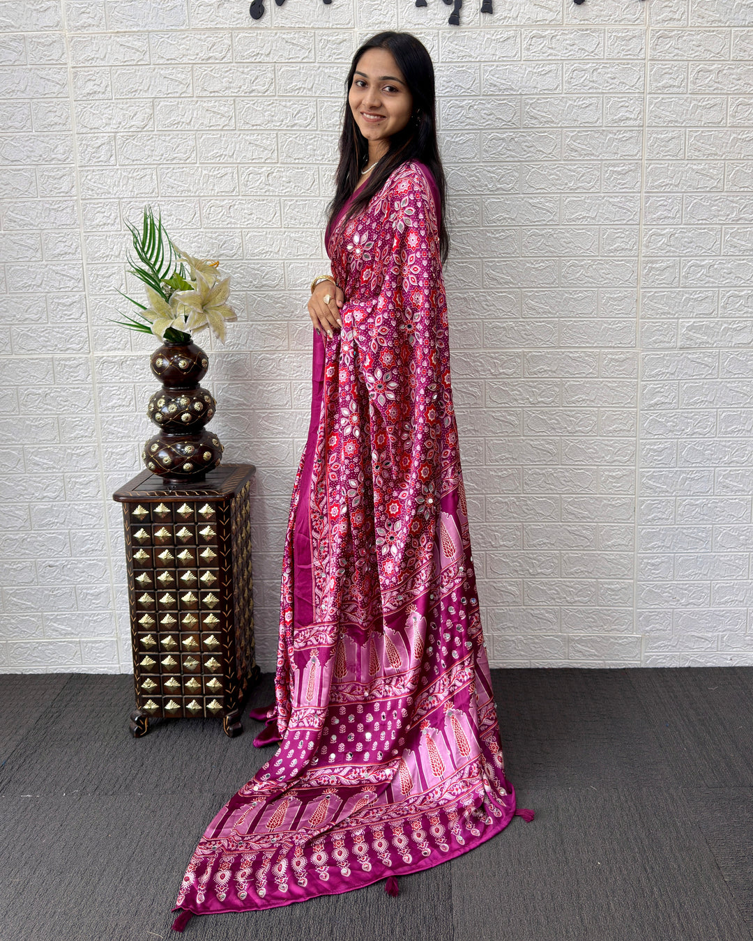 Purple Pink Modal Silk Saree with Geometric Floral Print & Heritage Designer Pallu | Festive & Party Wear Saree