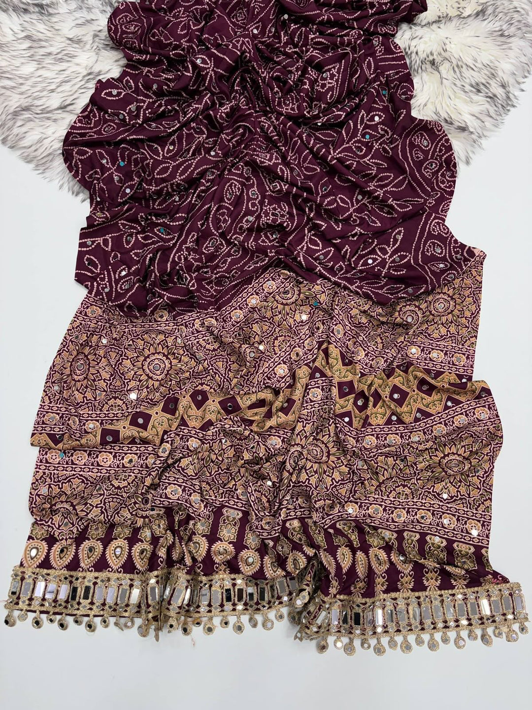 Plum Purple Modal Silk Saree with Floral Mandala Print, Mirror Lace Border & Designer Pallu | Festive Wear Saree