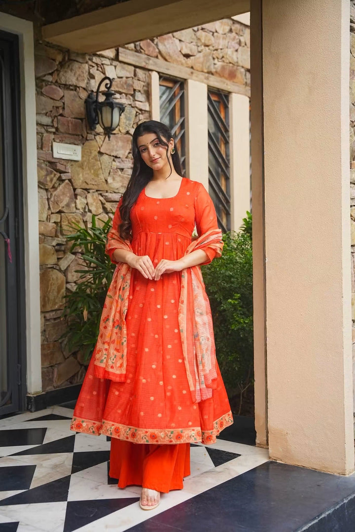 Premium Orange Kota Doria Kurta Set with Dupatta & Bottom | ShreMall