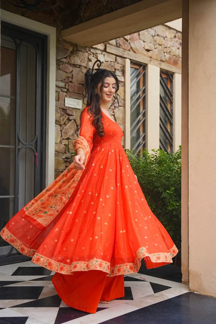 Premium Orange Kota Doria Kurta Set with Dupatta & Bottom | ShreMall