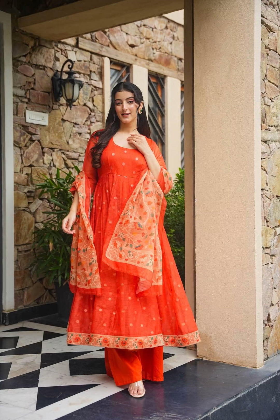 Premium Orange Kota Doria Kurta Set with Dupatta & Bottom | ShreMall