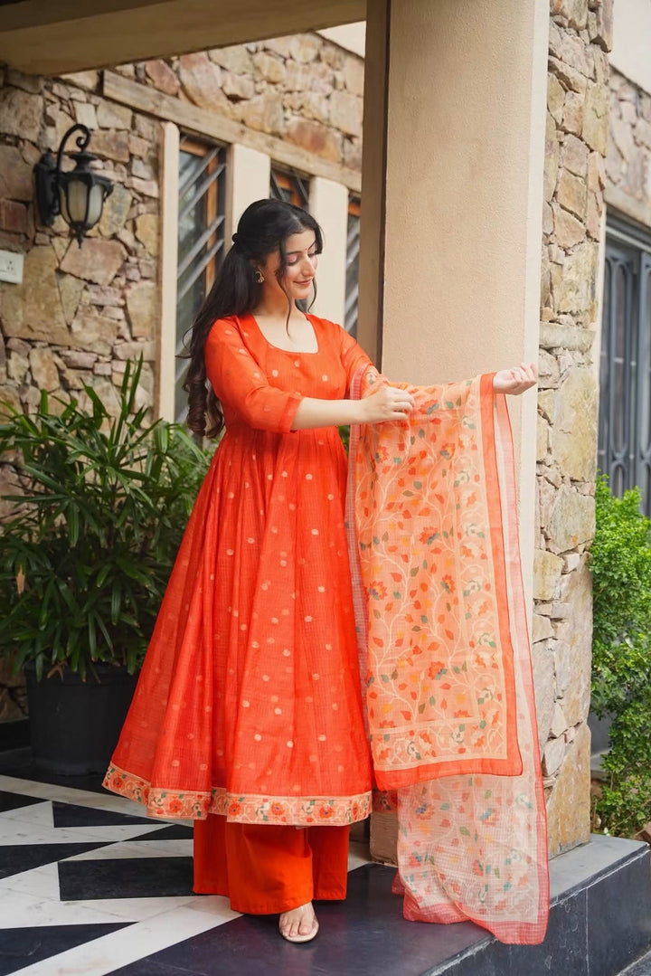 Premium Orange Kota Doria Kurta Set with Dupatta & Bottom | ShreMall