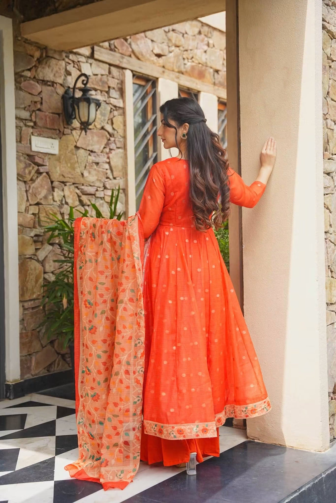 Premium Orange Kota Doria Kurta Set with Dupatta & Bottom | ShreMall
