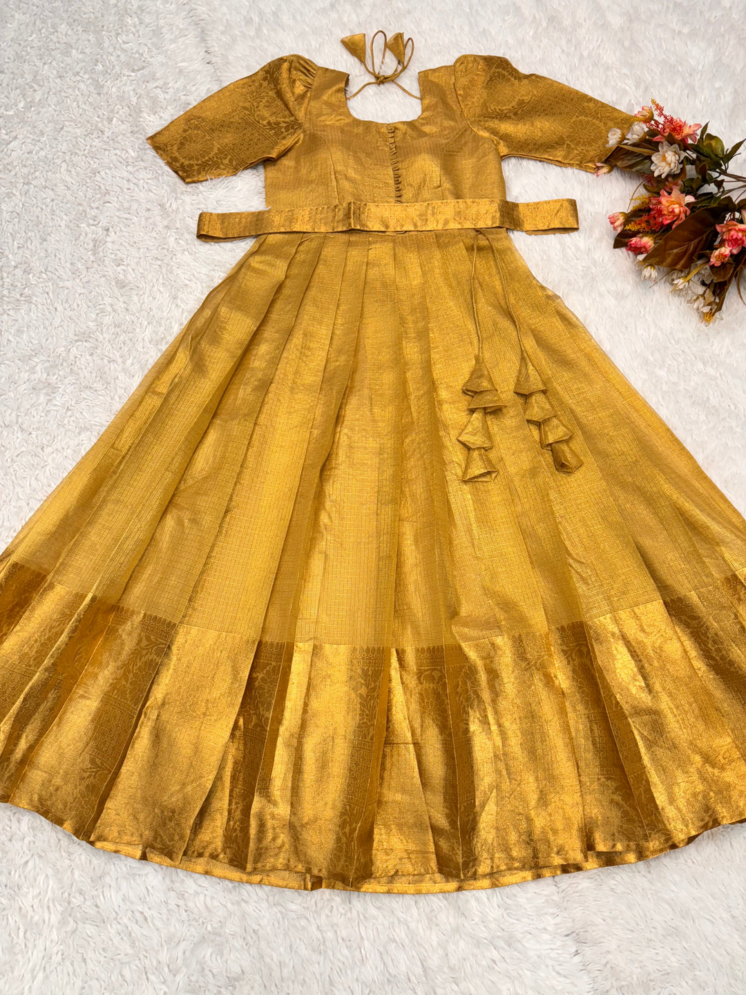 Golden Tissue Silk Gown for Women - Elegant Full-Length Party Wear Dre SHREE MALL Golden Tissue Silk Gown for Women - Elegant Full-Length Party Wear Dre SHREE MALL