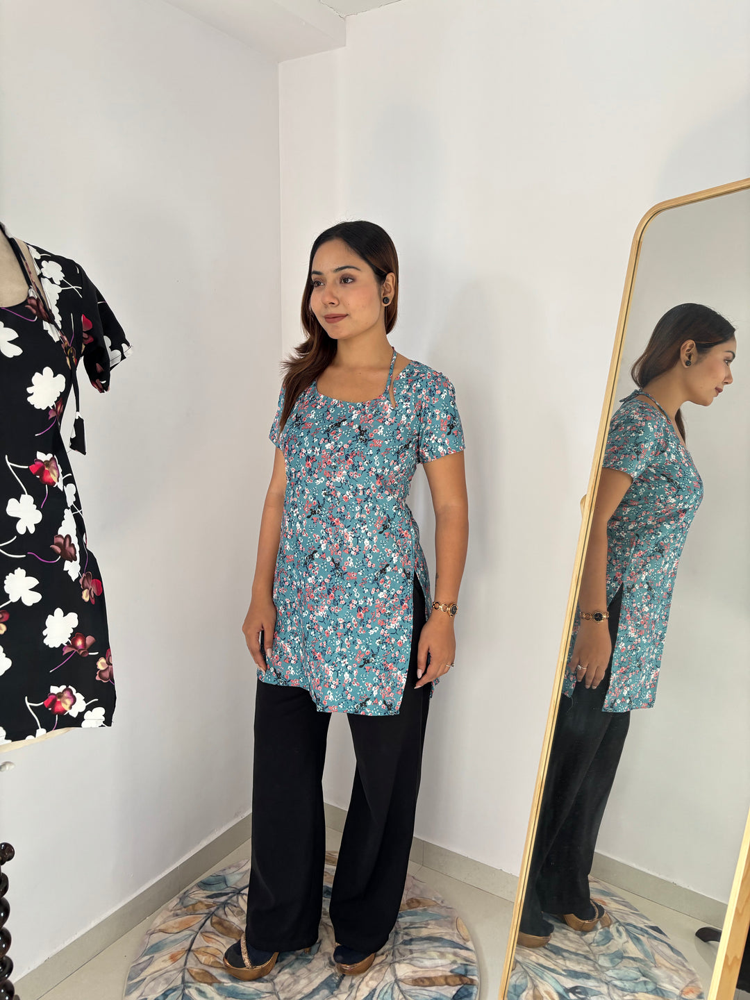 Teal Multi-Floral Cambric Cotton Kurti with Corset Back