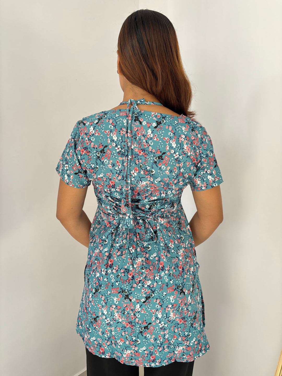 Teal Multi-Floral Cambric Cotton Kurti with Corset Back