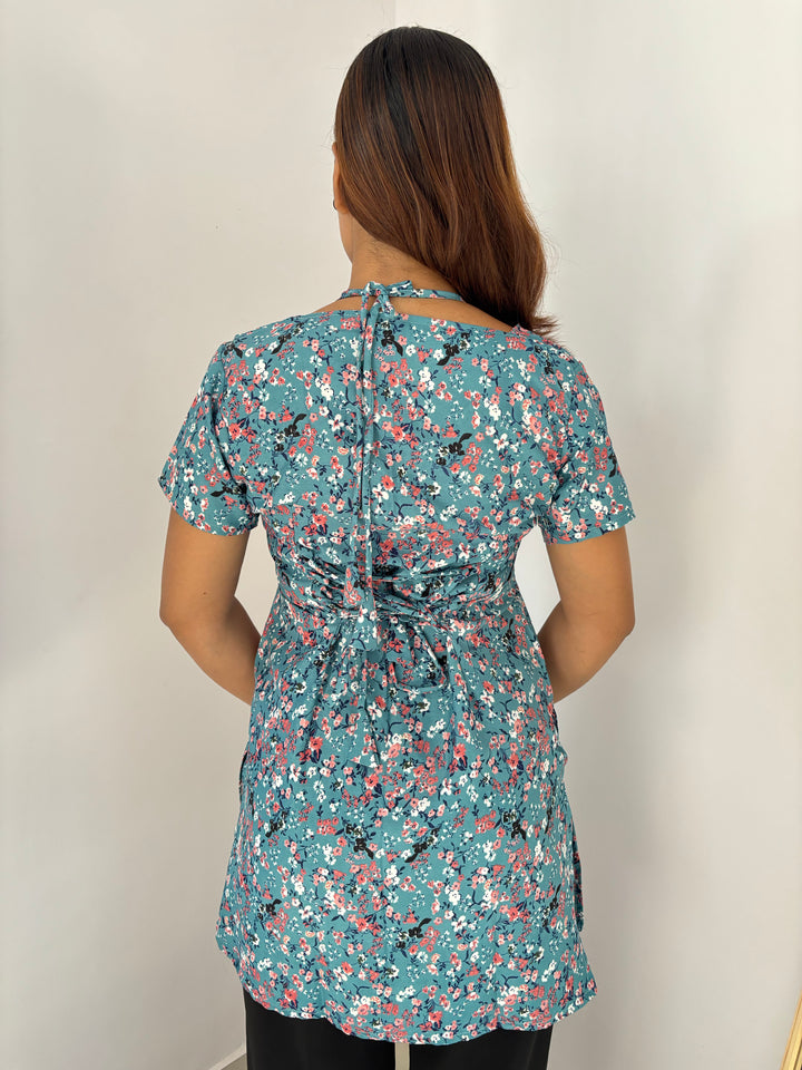 Teal Multi-Floral Cambric Cotton Kurti with Corset Back