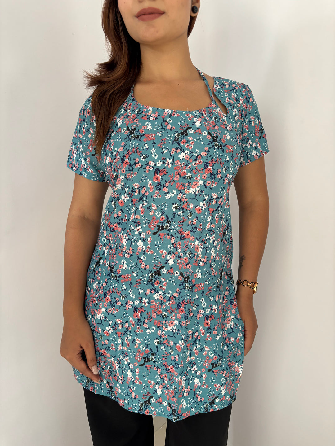 Teal Multi-Floral Cambric Cotton Kurti with Corset Back