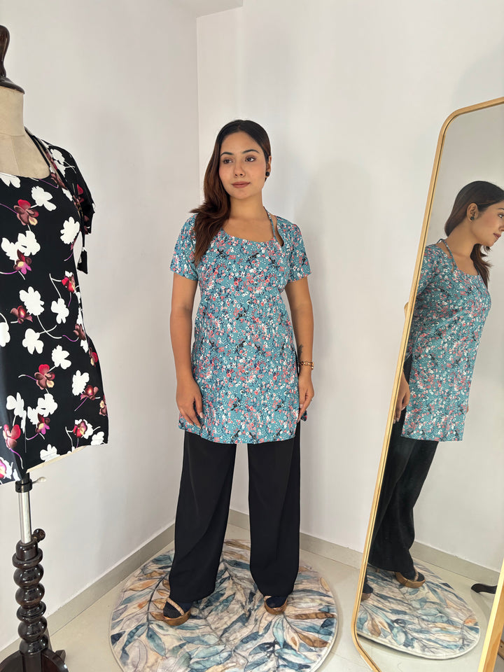 Teal Multi-Floral Cambric Cotton Kurti with Corset Back