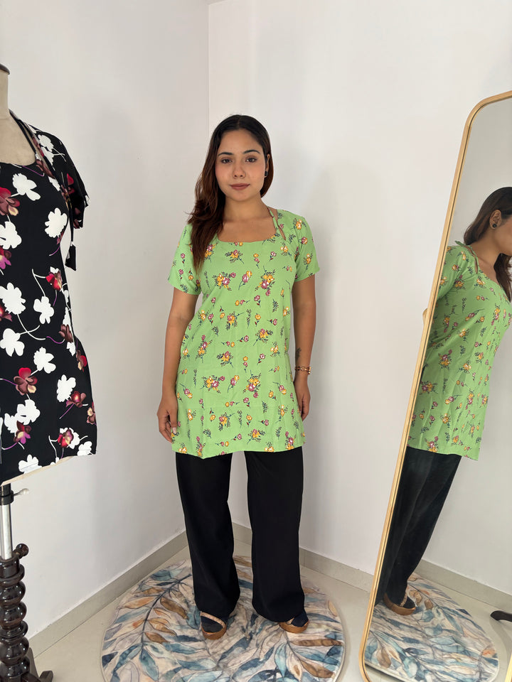 Lime Green Floral Cambric Cotton Kurti with Corset Back